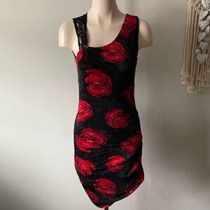 90s Vintage Dynamite Red Roses Black Lace Bodycon Dress